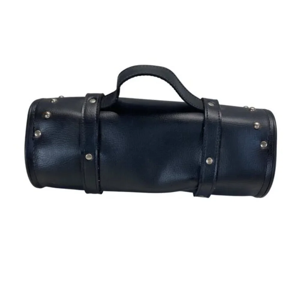 Black Leather Studded Motorcycle Handlebar Tool Bag With Buckle Straps